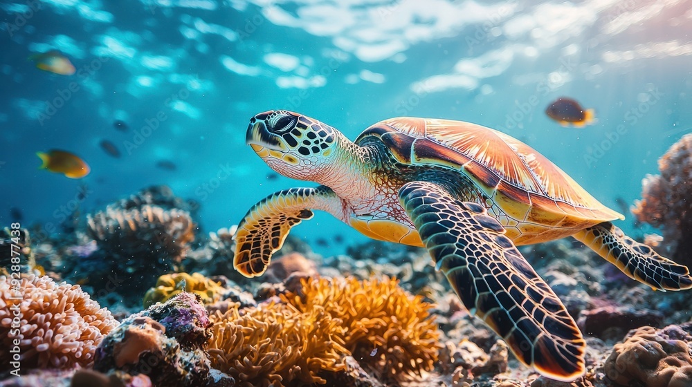Tranquil Beauty of a Vibrant Coral Reef: Majestic Sea Turtle Swimming Among Colorful Marine Life Tranquil Beauty of a Vibrant Coral Reef: Majestic Sea Turtle Swimming Among Colorful Marine Life