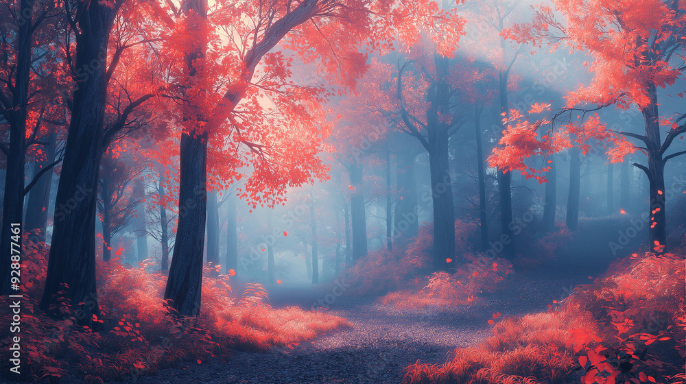 Fototapeta premium Mystical autumn forest with red leaves