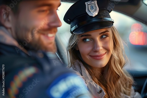 A Playful Moment Between Two Officers in a Patrol Car