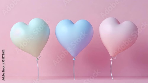 Three heart shaped balloons gently swaying on pink background