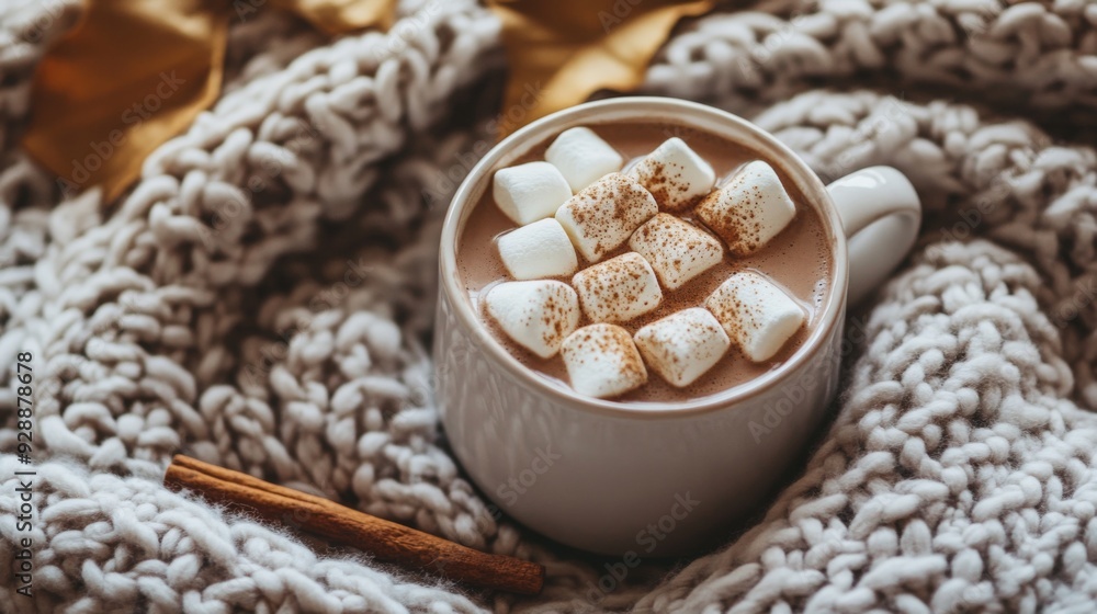 A comforting mug of hot chocolate topped with marshmallows and sprinkled with cinnamon rests on a soft knitted blanket. A comforting mug of hot chocolate topped with marshmallows and sprinkled with cinnamon rests on a soft knitted blanket.