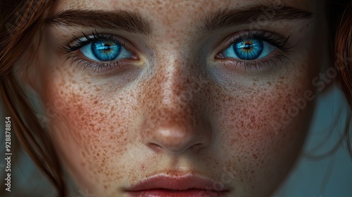 Portrait of a young woman with freckles and blue eyes showcasing natural beauty