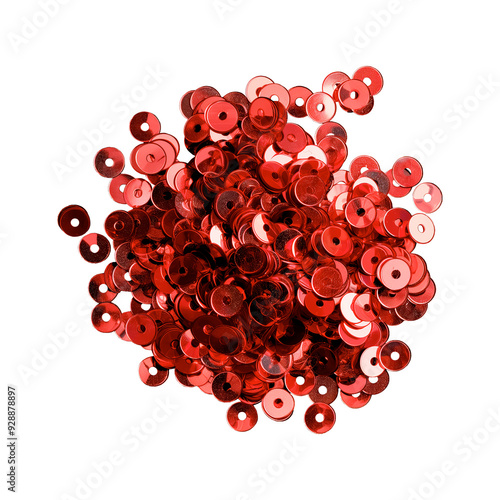 Pile of shiny red sequins on a transparent background, perfect for design overlays and festive decorations