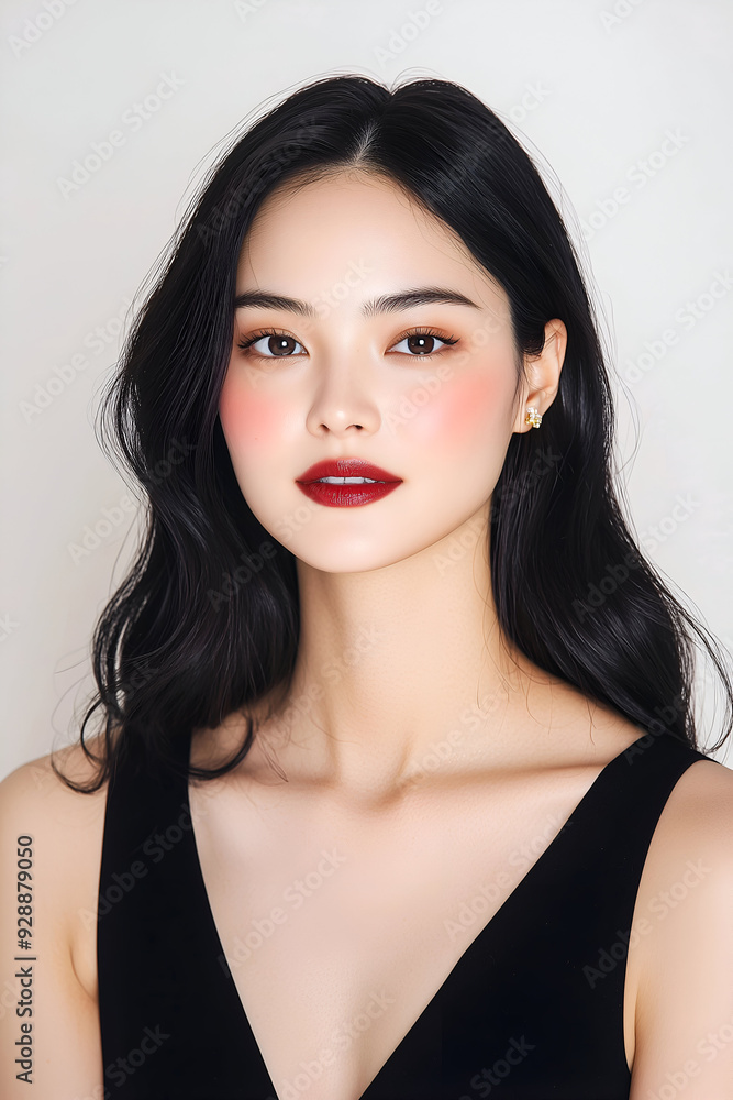 Elegant Portrait of a Young Woman with Bold Makeup and Wavy Hair