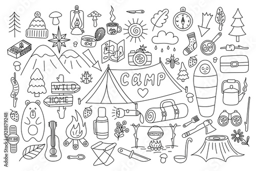 Camping and Travel Doodle Illustration Set. Hand drawn. For design of patterns, cards, print and souvenirs. Vector illustration.