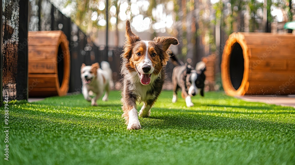 Dogs enjoy running and playing together in a sunny, grassy dog park with wooden structures Dogs enjoy running and playing together in a sunny, grassy dog park with wooden structures