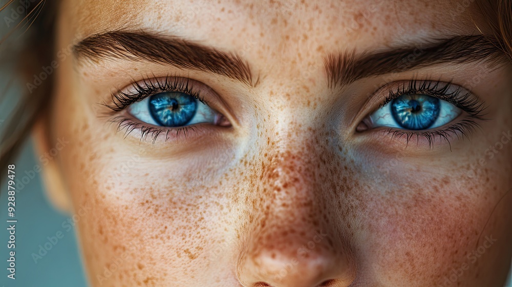 Cheerful expression of a blue-eyed woman with charming freckles in close-up Cheerful expression of a blue-eyed woman with charming freckles in close-up