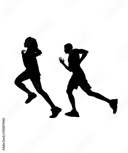 Set of silhouettes Runners on sprint men and women on white background