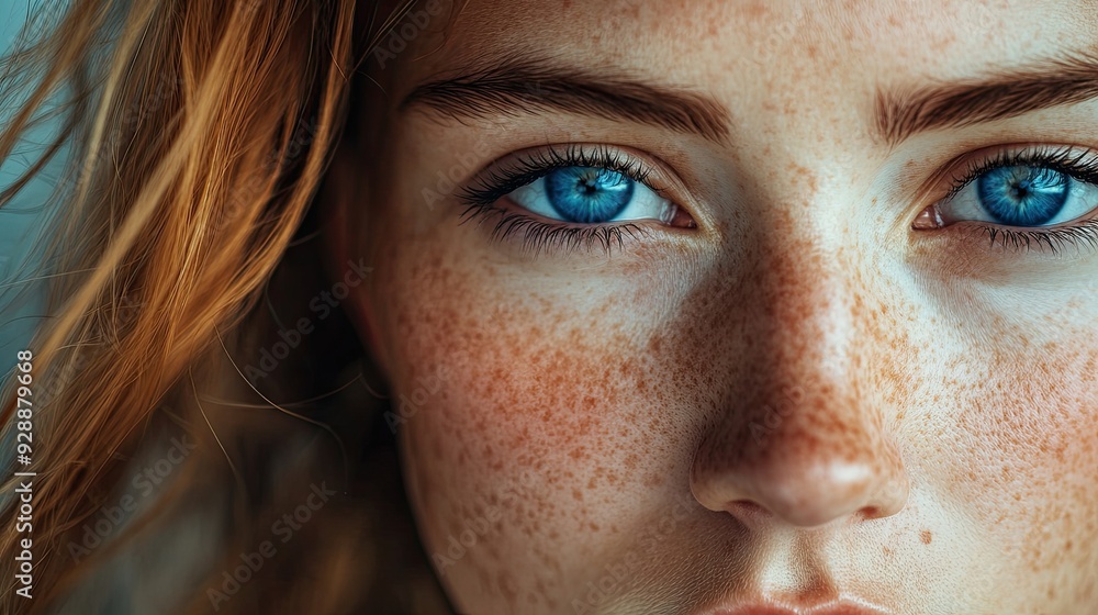 Close-up image showcasing the natural beauty of freckles and blue eyes Close-up image showcasing the natural beauty of freckles and blue eyes