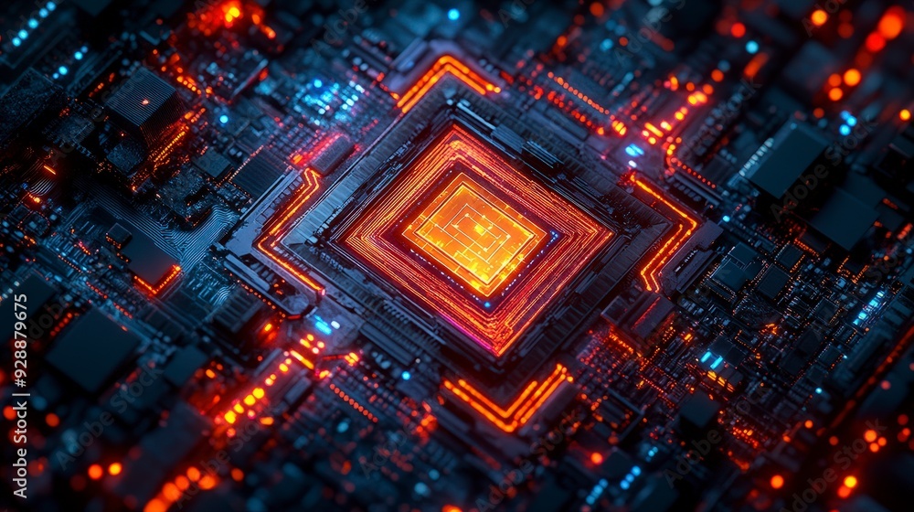 Fototapeta premium Close-up of a glowing circuit board with an orange and red processor in the center.
