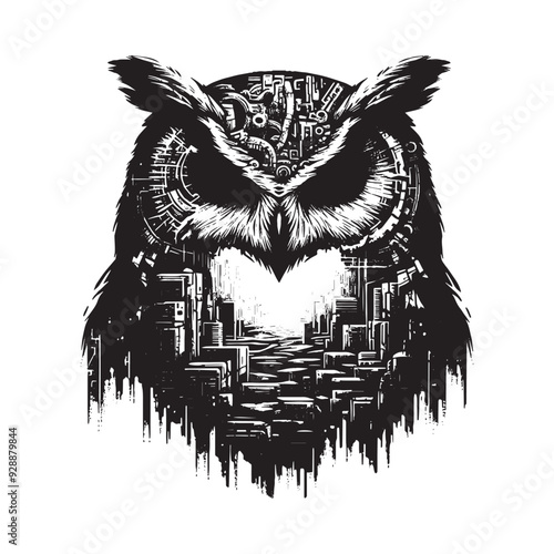 silhouette of Owl filled with destroyed futuristic dystopia environment in rough drawing