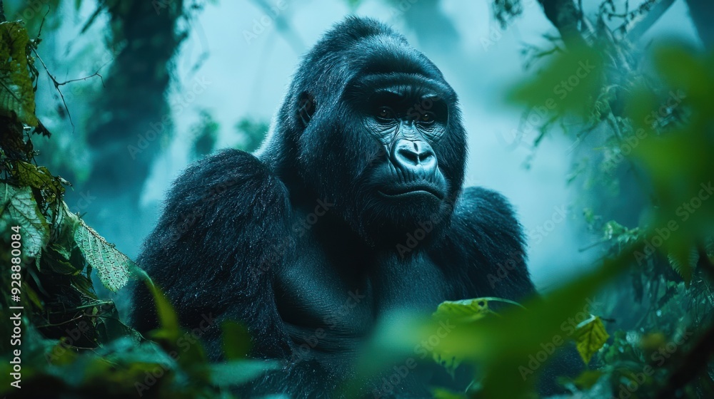 Naklejka premium Enigmatic Encounter: Majestic Mountain Gorilla Amid Misty Forest