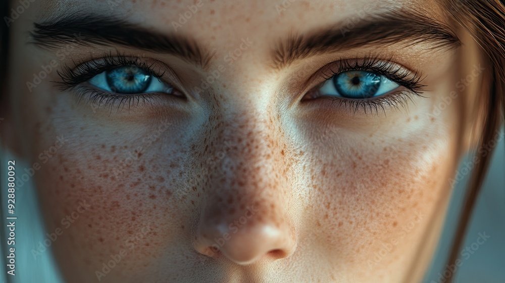 Close-up shot of a smiling woman with bright blue eyes and sun-dappled freckles Close-up shot of a smiling woman with bright blue eyes and sun-dappled freckles