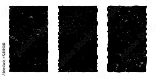 Set of vertical black frames made of torn paper with vintage gritty texture, rectangles with jagged edges isolated on white background. Old ripped paper, silhouettes.