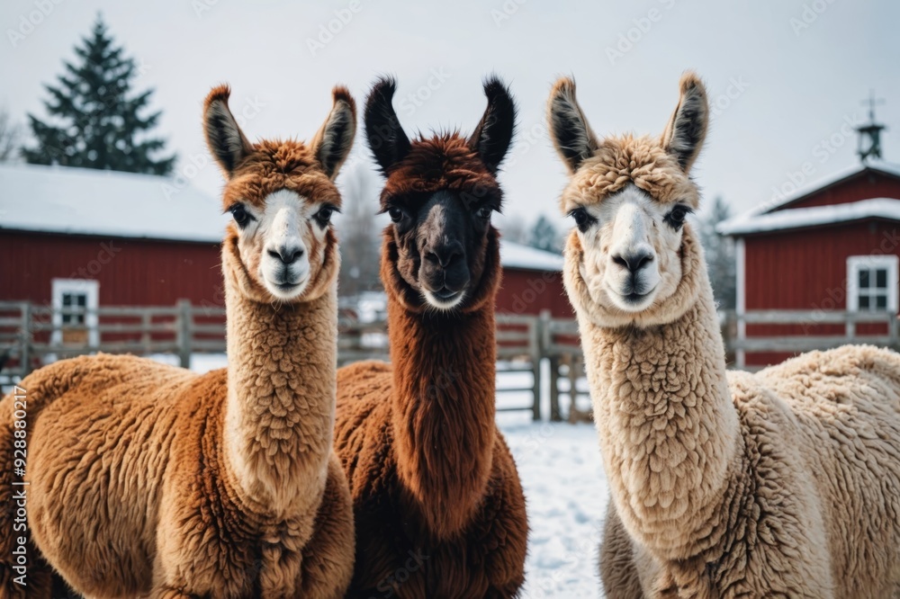 Obraz premium Llama, two lamas at a winter Farm, domestic llama on a farm in the winter