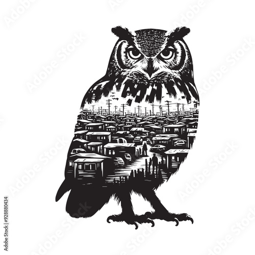 silhouette of Owl filled with ghetto street in rough drawing