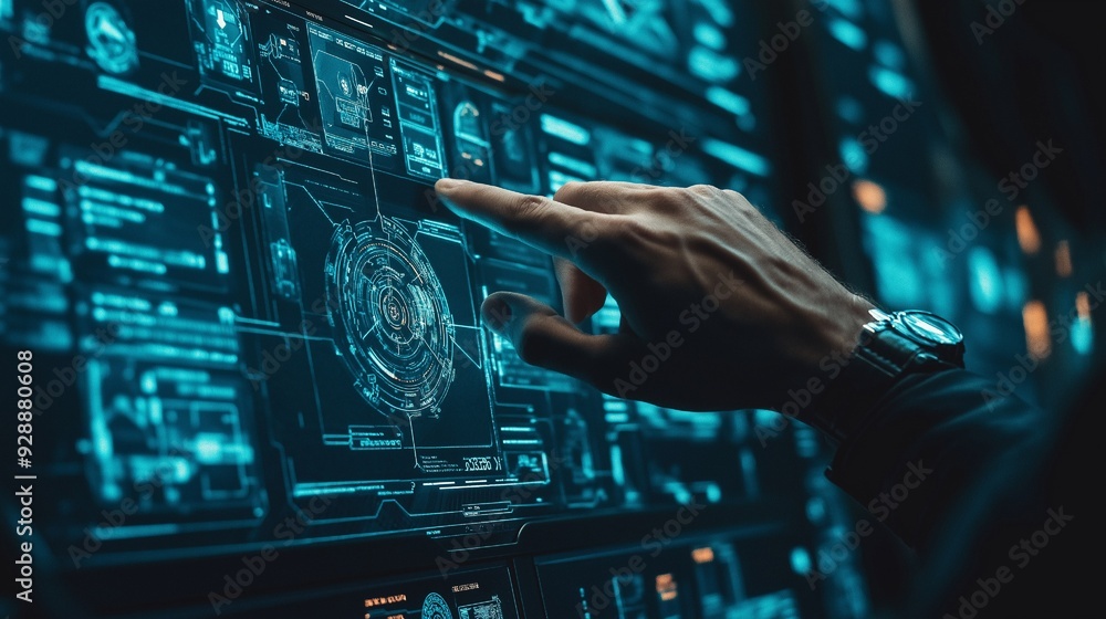 Obraz premium Using a cybersecurity interface by hand