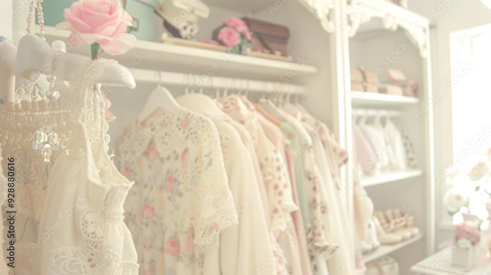 A closet brimming with numerous garments, adorned with a vibrant pink blossom atop a pristine white perch beside the window A closet brimming with numerous garments, adorned with a vibrant pink blossom atop a pristine white perch beside the window