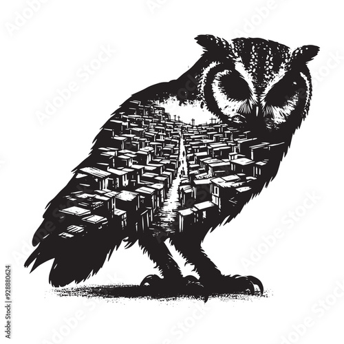 silhouette of Owl filled with ghetto street in rough drawing