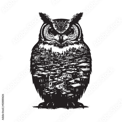 silhouette of Owl filled with ghetto street in rough drawing