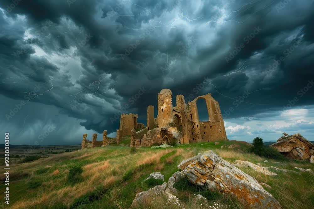 Castle Ruins: Ancient Architecture Amidst Stormy Clouds Castle Ruins: Ancient Architecture Amidst Stormy Clouds