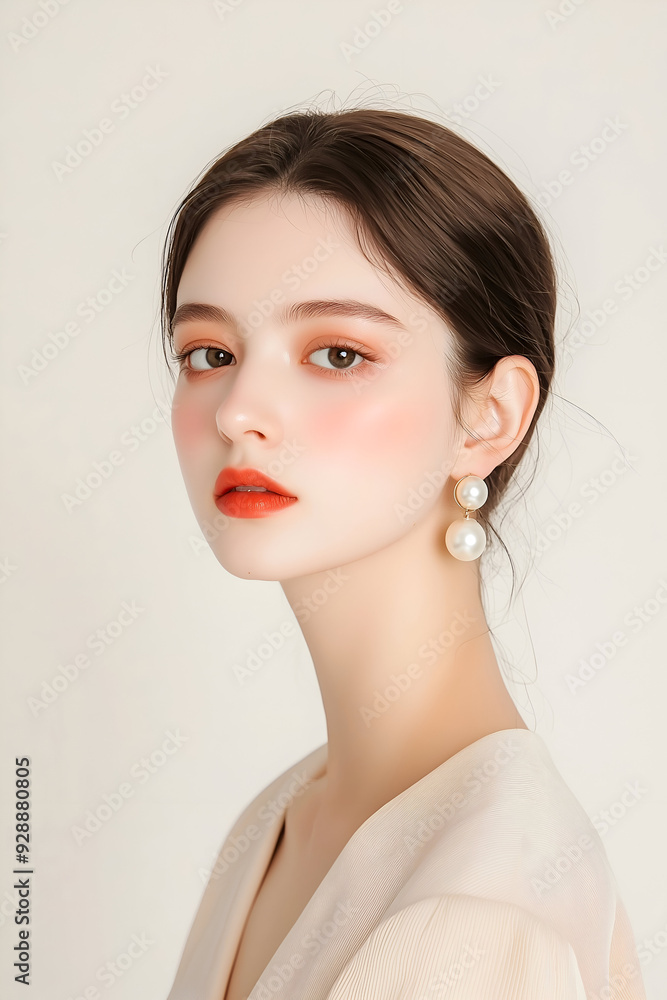 Graceful Portrait of a Young Woman with Elegant Pearl Earrings Graceful Portrait of a Young Woman with Elegant Pearl Earrings