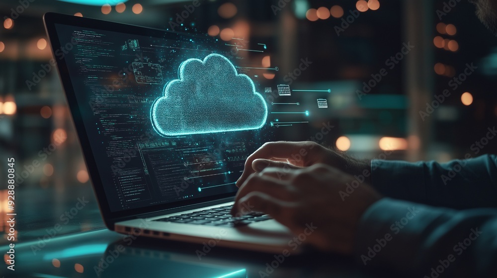 Man typing on a laptop, a hologram of a cloud service, and devices syncing Man typing on a laptop, a hologram of a cloud service, and devices syncing