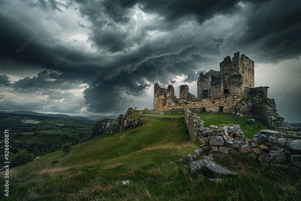 Castle Ruins. Ancient Fortification on Hill Amidst Stormy Clouds Castle Ruins. Ancient Fortification on Hill Amidst Stormy Clouds
