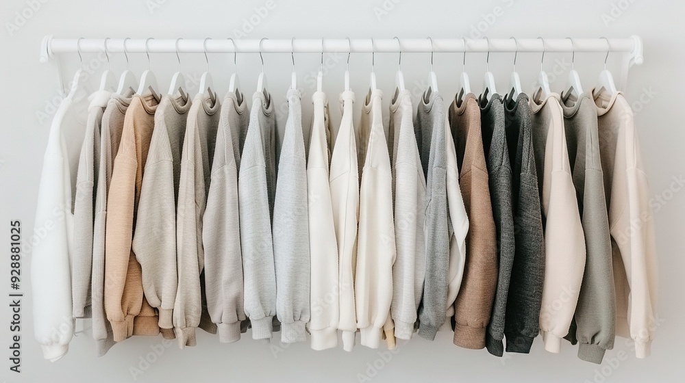Rack of folded clothes on white wall, adjacent to white coat rack with folded shirts Rack of folded clothes on white wall, adjacent to white coat rack with folded shirts