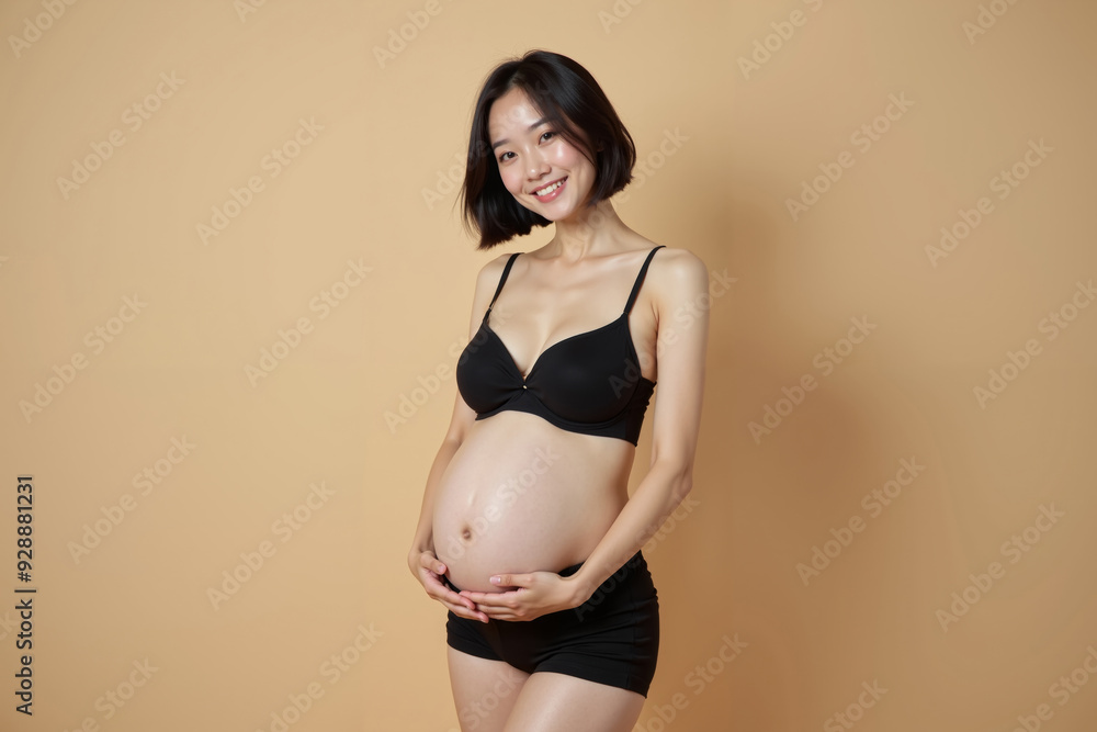 photo of pregnant woman standing pose with beige background, generative AI photo of pregnant woman standing pose with beige background, generative AI