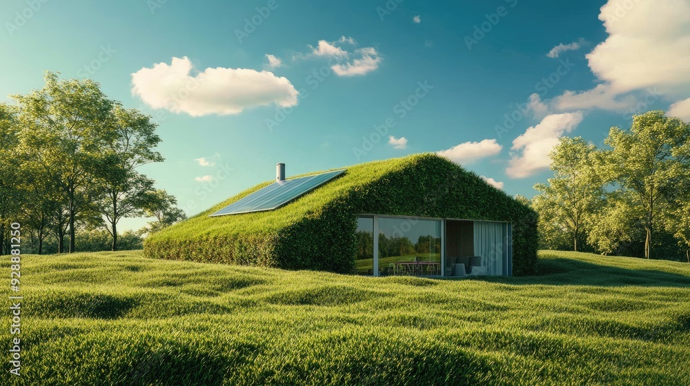 Green grass house in the field under blue sky, exterior view of ecology and environment friendly home building architecture. Conceptual image, clean energy, conservation Green grass house in the field under blue sky, exterior view of ecology and environment friendly home building architecture. Conceptual image, clean energy, conservation