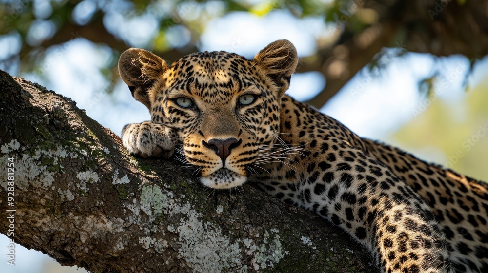 Fototapeta premium Regal Leopard Resting in Tree, Majestic Wildcat Relaxing in Natural Habitat