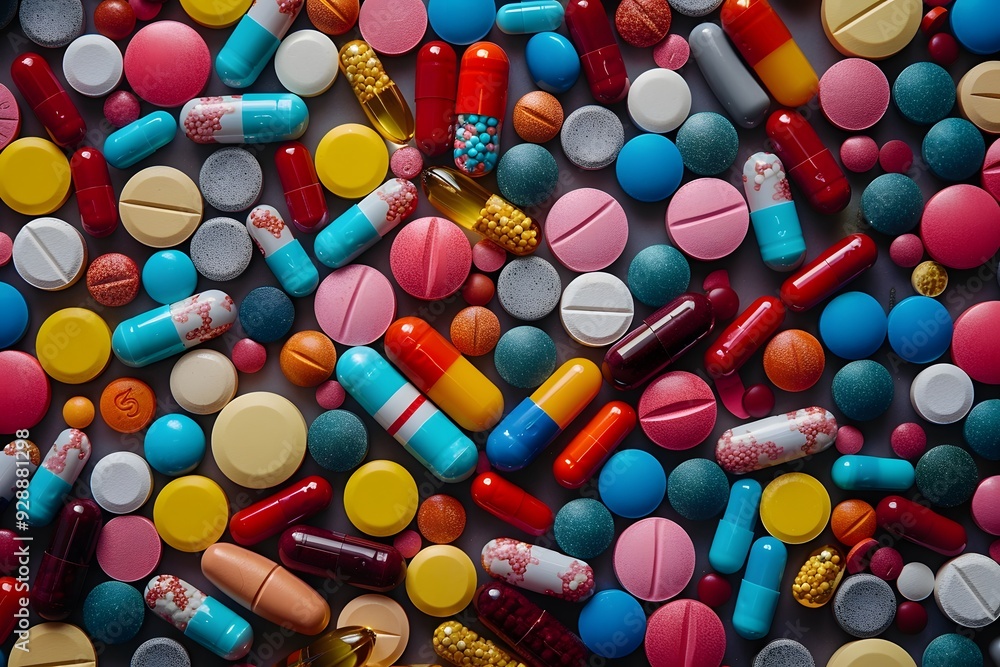 A Colorful Array of Pills and Capsules Displayed Artfully A Colorful Array of Pills and Capsules Displayed Artfully
