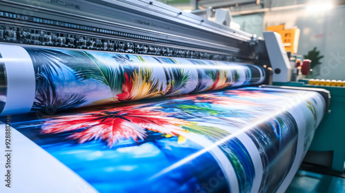 A large inkjet printing machine in operation, producing a vinyl banner. The machine is busy printing vibrant graphics or text onto the vinyl material, showcasing the production process. photo