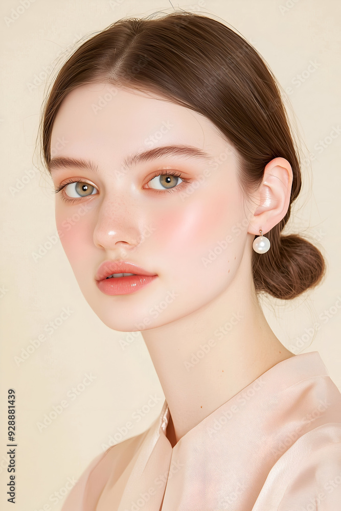 Graceful Portrait of a Young Woman with Elegant Pearl Earrings Graceful Portrait of a Young Woman with Elegant Pearl Earrings