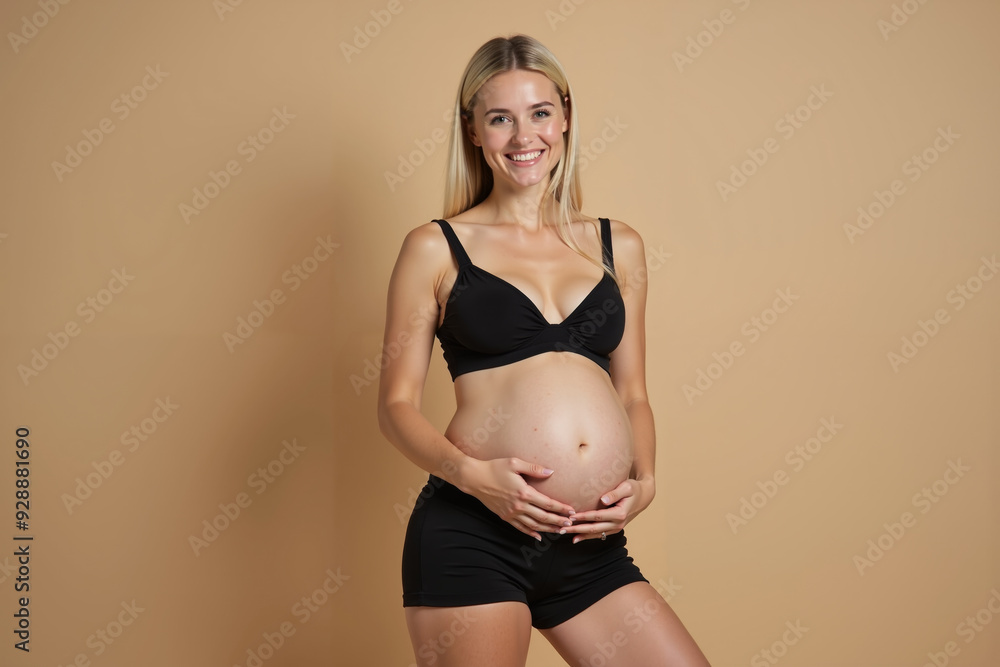photo of pregnant woman standing pose with beige background, generative AI photo of pregnant woman standing pose with beige background, generative AI