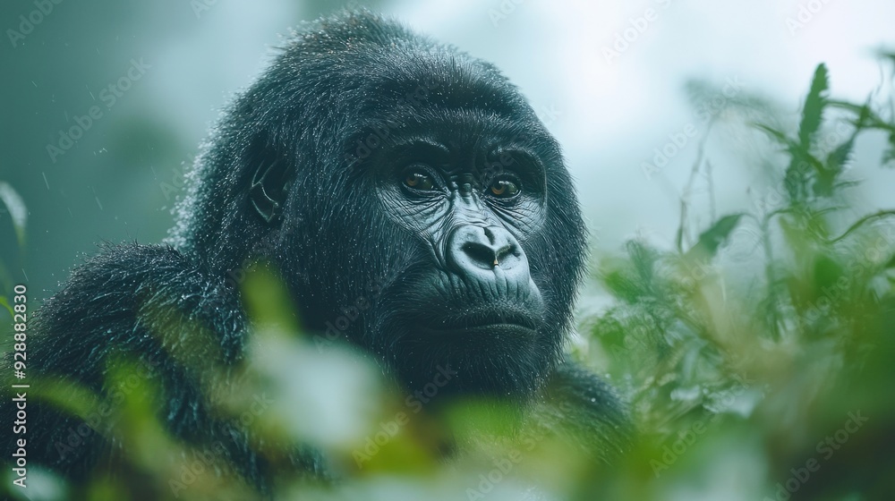 Obraz premium Enigmatic Mountain Gorilla Silhouetted in Mystical Forest Mist