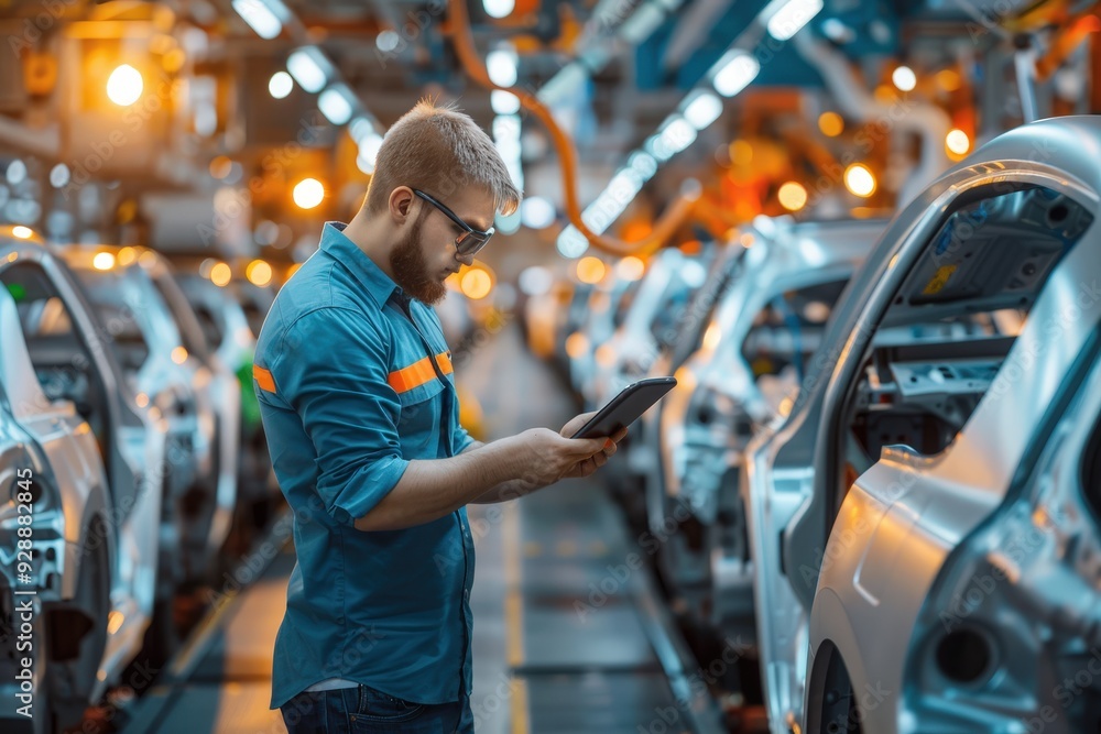 A worker checks specifications on a tablet while surrounded by partially assembled cars in a manufacturing plant A worker checks specifications on a tablet while surrounded by partially assembled cars in a manufacturing plant