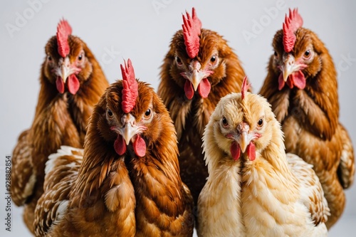 Portrait of  three chickens isolated on white background photo