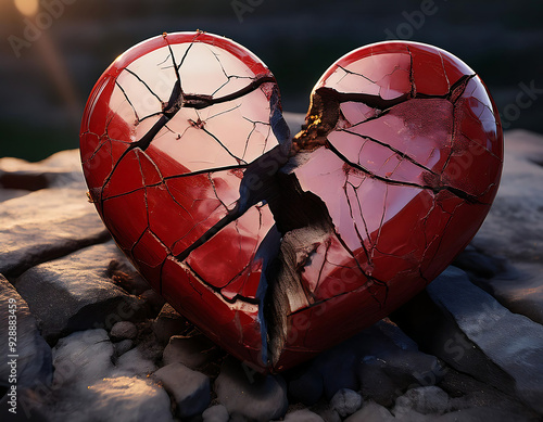 broken heart cracks smashed stone surface symbol lovesickness sadness