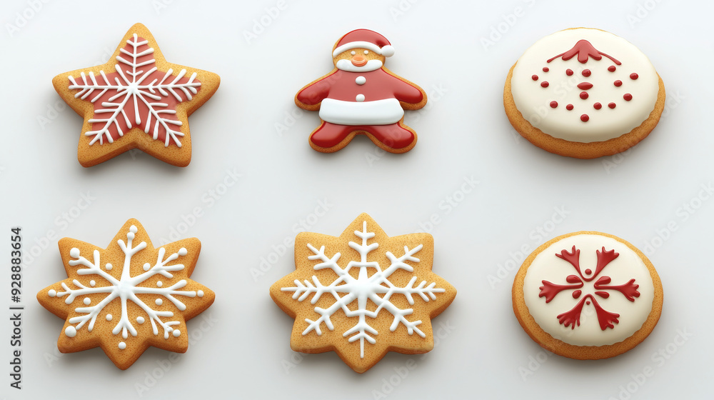 A collection of various Christmas-themed cookies, including snowflakes, stars, Santa Claus, and Christmas trees, all depicted in a 3D illustration. These cookies are shown with assorted designs. A collection of various Christmas-themed cookies, including snowflakes, stars, Santa Claus, and Christmas trees, all depicted in a 3D illustration. These cookies are shown with assorted designs.