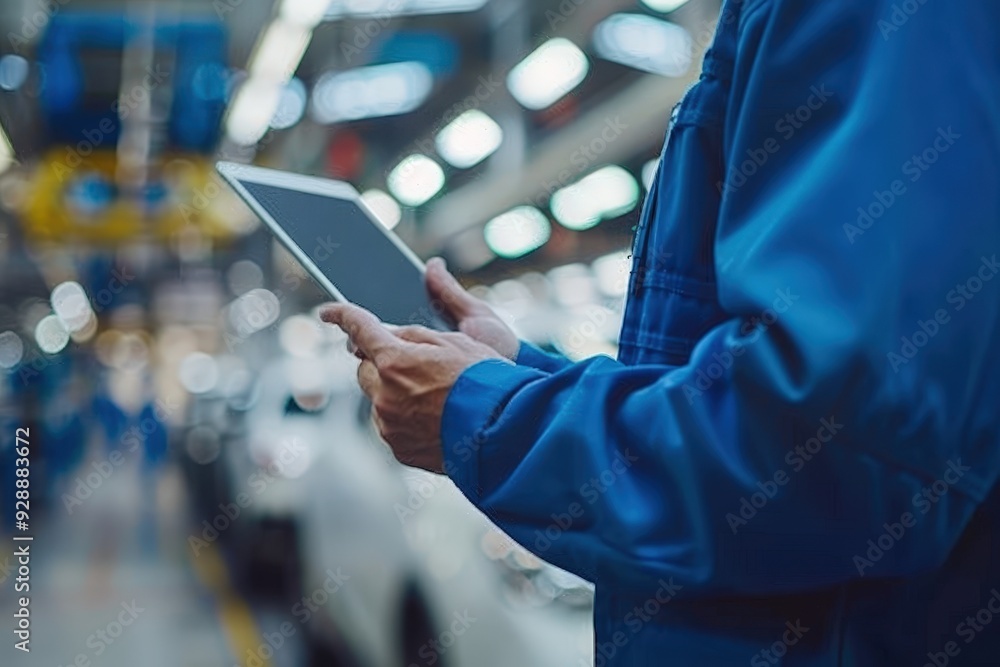 A worker in a blue uniform interacts with a tablet while overseeing automobile production in a bright assembly line A worker in a blue uniform interacts with a tablet while overseeing automobile production in a bright assembly line