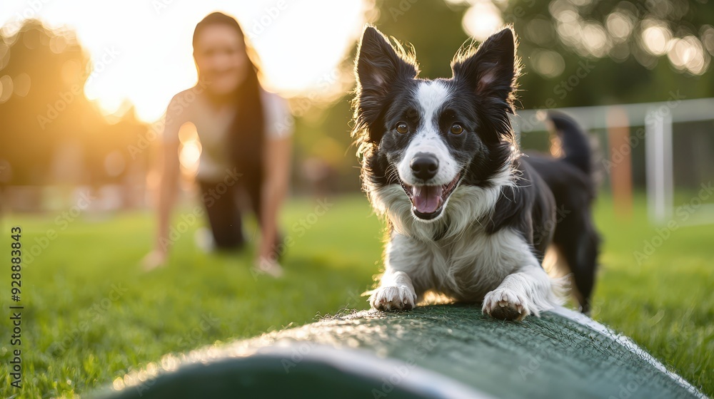 A cheerful dog balances on an agility ramp while its owner encourages from behind on a bright, sunny day