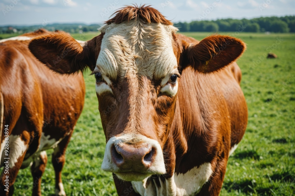 cow on the background of sky and green grass cow on the background of sky and green grass
