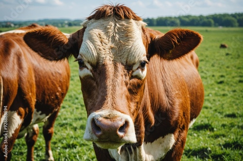 cow on the background of sky and green grass