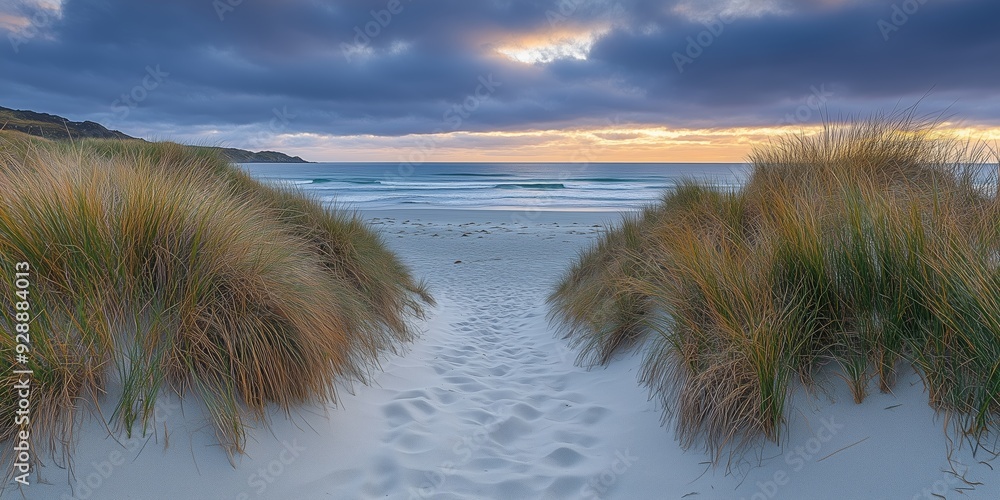 A tranquil pathway through tall coastal grasses leads to a peaceful beach at sunrise. A tranquil pathway through tall coastal grasses leads to a peaceful beach at sunrise.