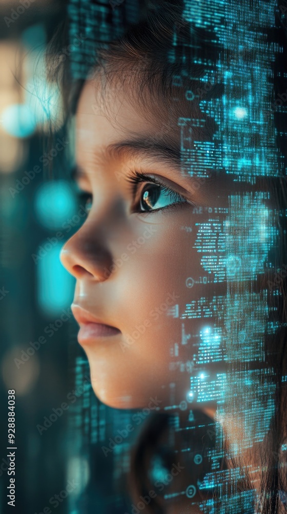 child with color projection of digital code on face,technology and future.Dark background.Concept of digital future,learning with artificial intelligence, digital technical education child with color projection of digital code on face,technology and future.Dark background.Concept of digital future,learning with artificial intelligence, digital technical education