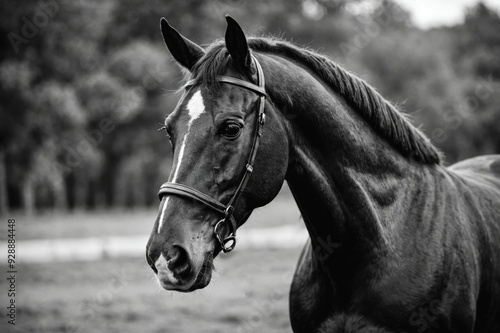 portrait of the Spanish running horse, black and white photo