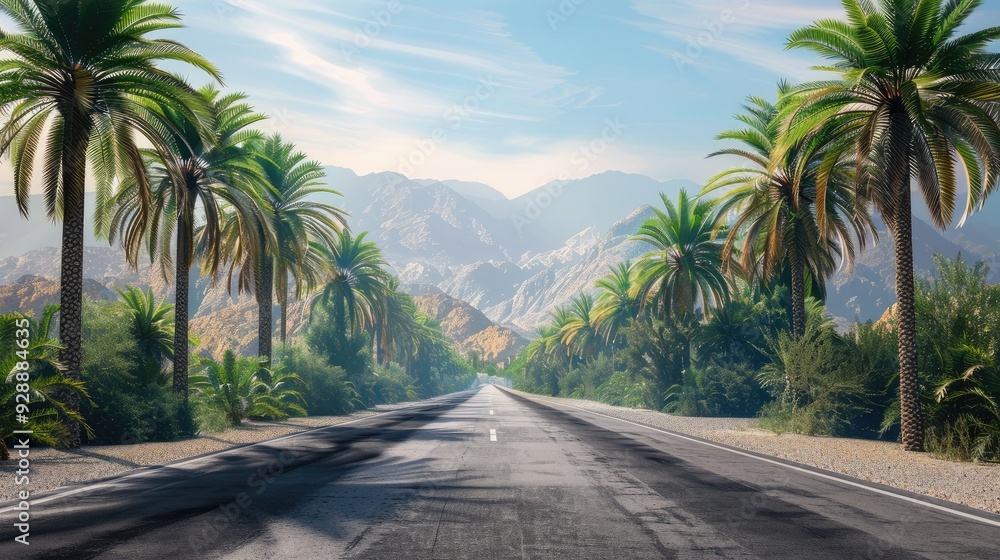 Road with palm trees next to it And there are mountains in the background. Road with palm trees next to it And there are mountains in the background.