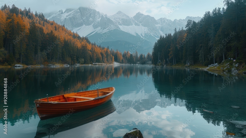 Boat on a lake surrounded by mountains Boat on a lake surrounded by mountains